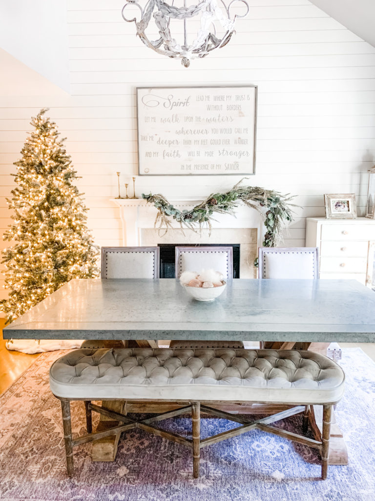 coastal-cottage-christmas-inspiration-fireplace-dining-room-flocked-tree-mantel-asymmetrical-garland-eucalyptus-home-decor