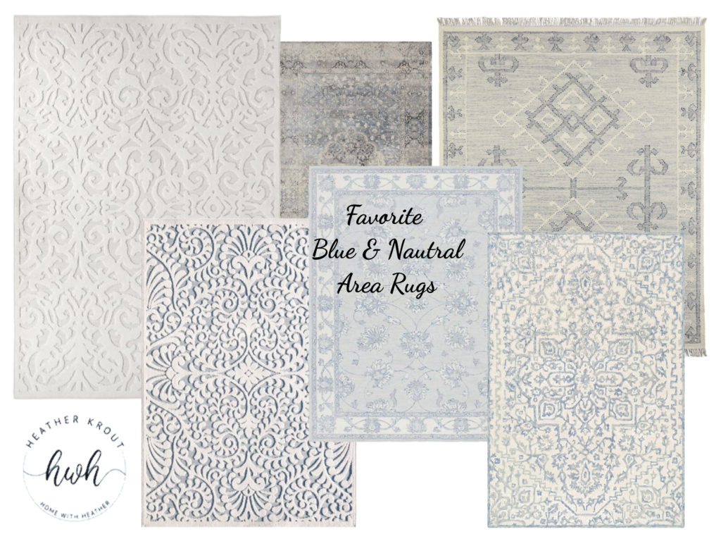 Neutral and blue area rugs mood board