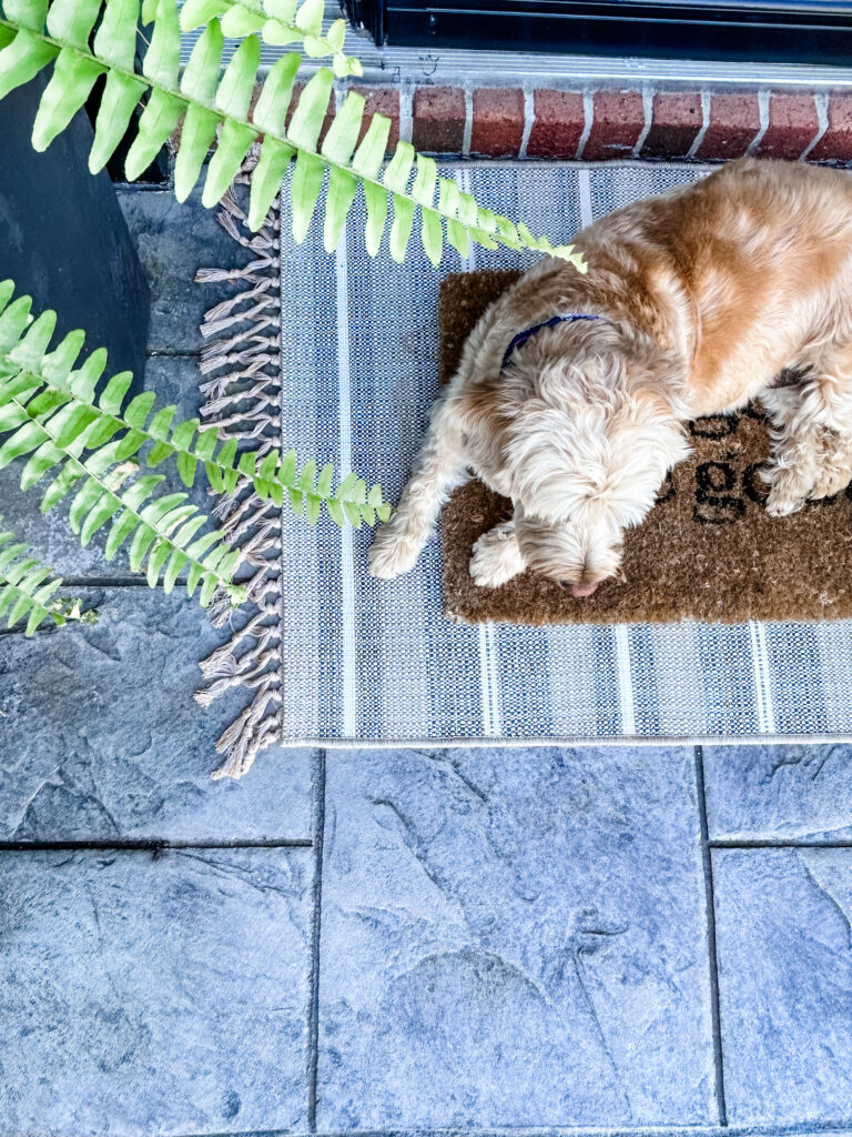 Welcoming Front Porch layered doormats featuring a striped cotton rug base