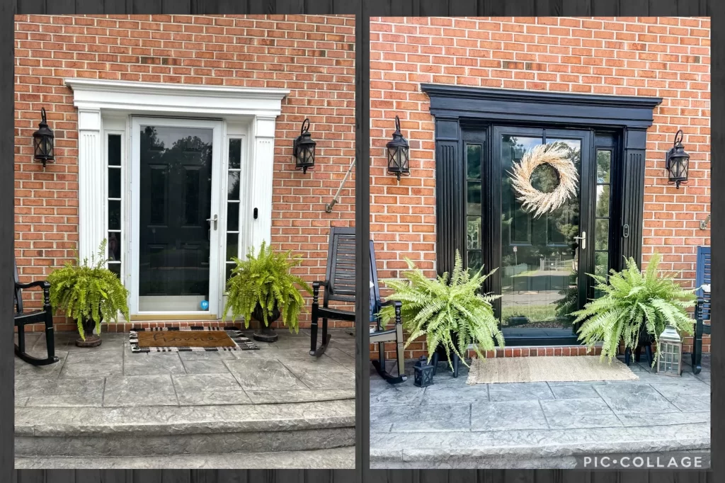 Black front door makeover before and after side by side photo