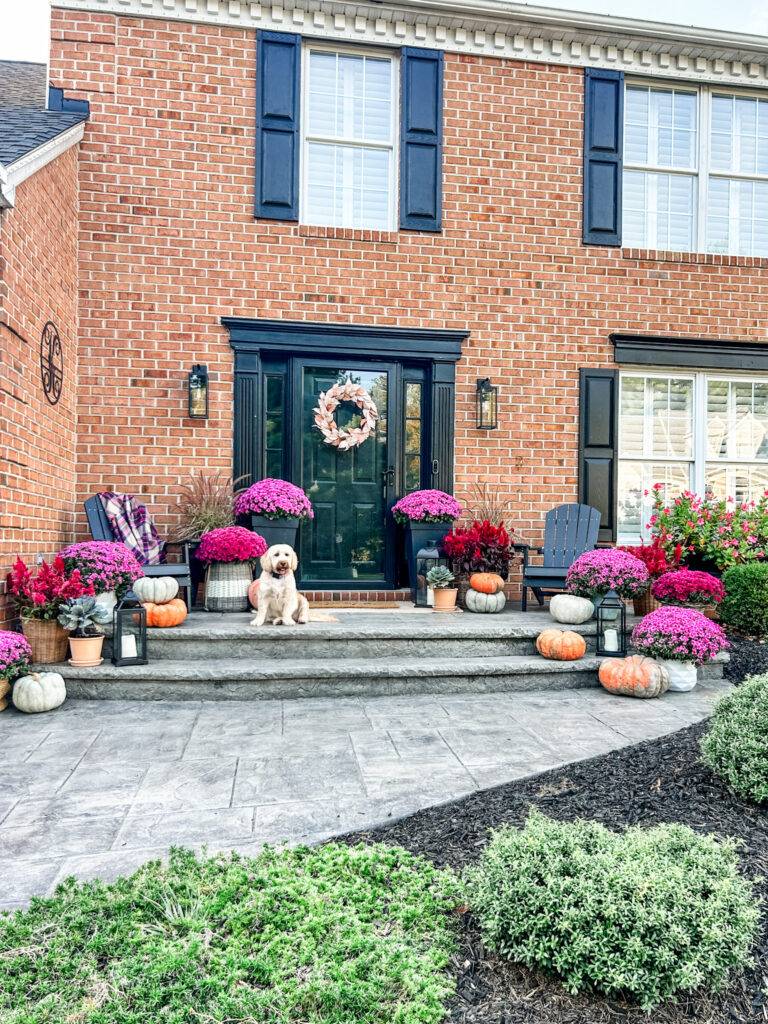 Fall front porch decor with black Adirondack chairs
