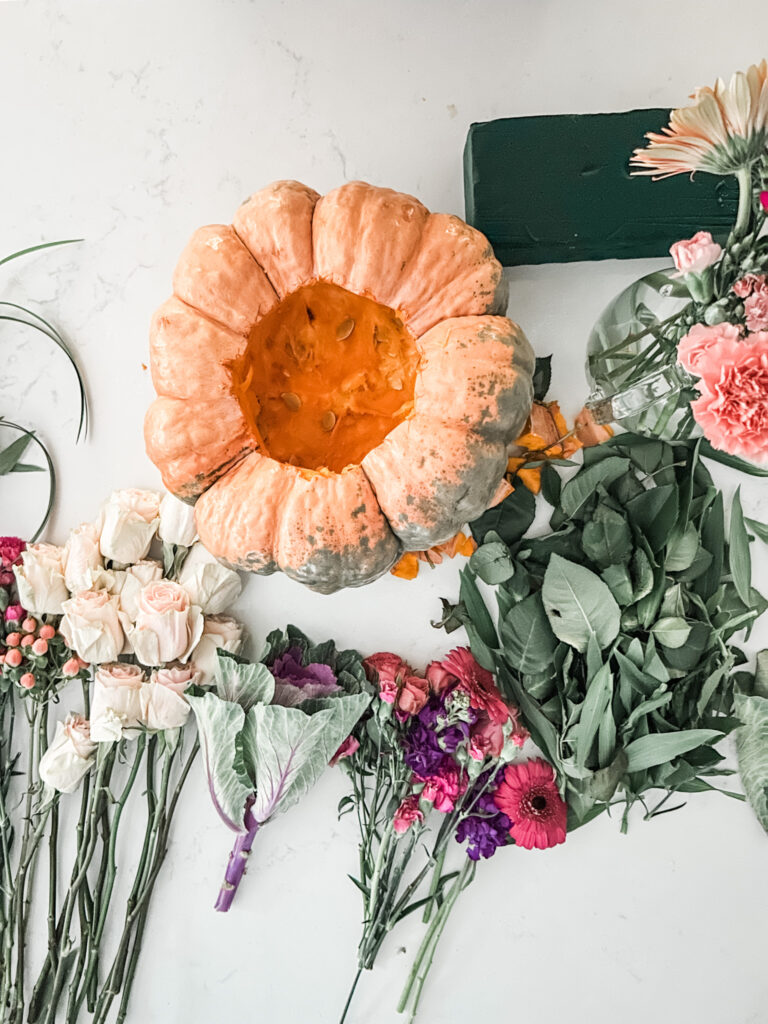 DIY Pumpkin floral centerpiece using cinderella pumpkins