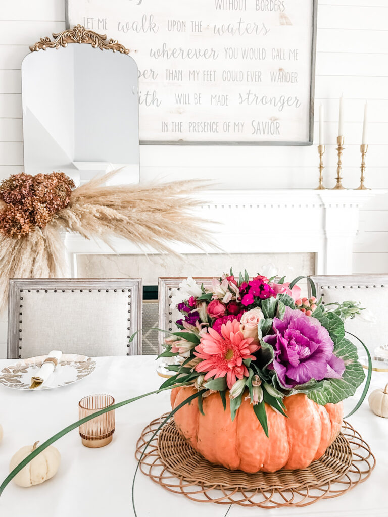 DIY Pumpkin floral centerpiece using cinderella pumpkins